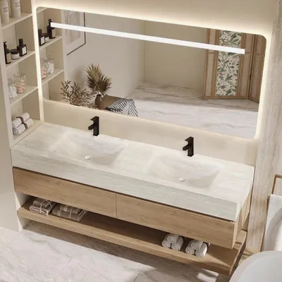 A modern bathroom vanity with a double sink, wooden drawers, and a large LED mirror.