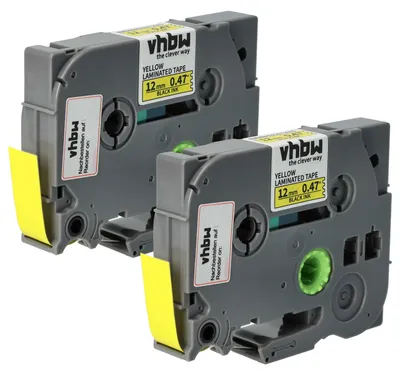 Produktbild von vhbw 2x Schriftband-Kassette kompatibel mit Brother PT H101C, H101GB, H101, H100R, H100P Etiketten-Drucker 4m x 12mm Schwarz auf Gelb, Laminiert