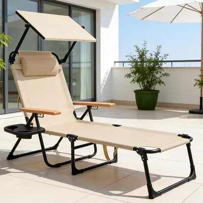 Imagen del producto de Tumbona de jardín con toldo, tumbona plegable y ligera para la playa, tumbona plegable, tumbona de jardín resistente a la intemperie, tumbona ajustable para jardín, balcón, camping y playa (beige, con toldo)