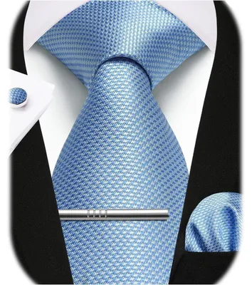 Image de Ensemble de cravates pour hommes comprenant une cravate, un mouchoir de poche, une pince à cravate et des boutons de manchette, de couleur bleue, en 5 pièces