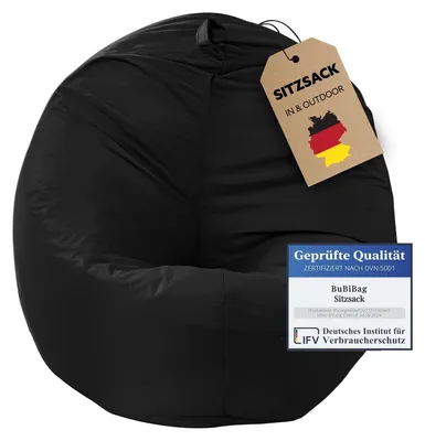 Produktbild von BuBiBag Sitzsack XXL Erwachsene mit Füllung – 2in1 Sitzsack & Sitzkissen, Bean Bag Indoor Outdoor wasserfest | Schwarz 145 cm