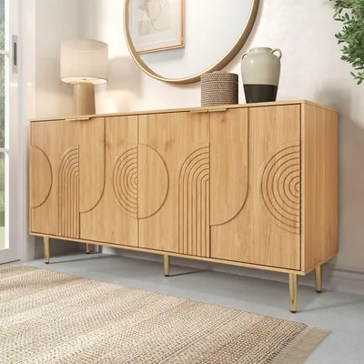 Image de Merax buffet moderne avec 4 portes et étagères réglables, buffet en bois veiné, espace de rangement buffet avec pieds en métal, commode couleur naturelle