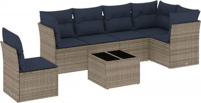 Produktbild von vidaXL 7-teiliges Gartensofa-Set mit Kissen, grau, Polyrattan