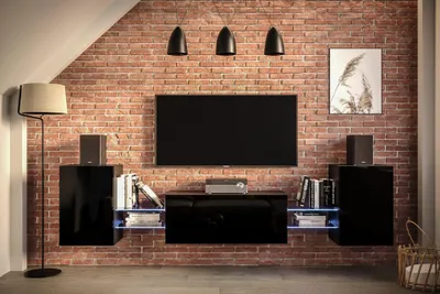 Produktbild von Furnitech Wohnwand Wohnzimmer - Wohnzimmer Möbel mit LED RGB - 16 Farben - Hängend Wohnwand Modern - Regale und TV Schrank (AN93-21B-HG1-1B)