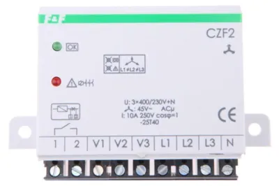 Immagine prodotto di Relè di protezione da guasto di fase e asimmetria con contatto di sicurezza, 10A, 1 contatto normalmente aperto, tempo di intervento 4 secondi, 45V, modello CZF-2