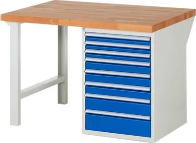 Produktbild von Werkbank mit 8 Schubladen - Teilauszug - 60:3 / 90:3 / 120:1 / 150:1 - 890 x 1.250 x 900 mm (HxBxT) - Traglast 1.000 kg - Buche