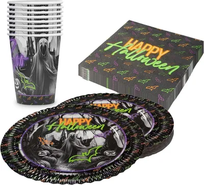Produktbild von Halloween Neon 36-teiliges Party-Set für Kindergeburtstag Halloweenparty Deko Set