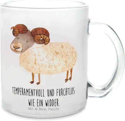 Produktbild von Mr. & Mrs. Panda Häferl Sternzeichen Widder - Transparent - Geschenk, Horoskop, Teetasse, Bock, Tee Tasse, Henkeltasse, Geburtstag April, Schafbock, aus Glas, März, Pott