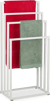 Obrázek produktu pro Stojan na ručníky Relaxdays, VxŠxH: 96,5 x 45 x 29 cm, kov, 4 tyče, stojan na ručníky, koupelna, bílý