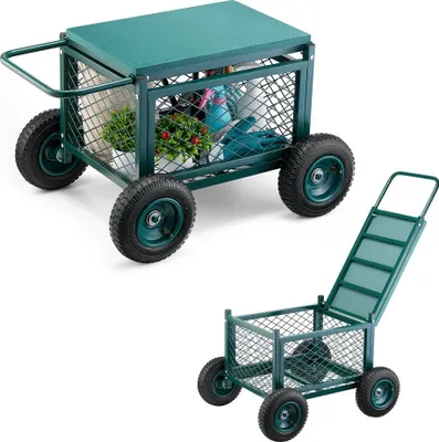 Produktbild von Rollbarer Gartenwagen mit Sitz - Gartenrollsitz 180kg - Stauraum 76x52x44mm - Mobiler Gartensitz