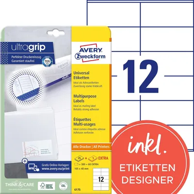 Obrázek produktu pro Avery 6175, Bílá, Obdélník, Permanentní, 105 x 48 mm, A4, Papír