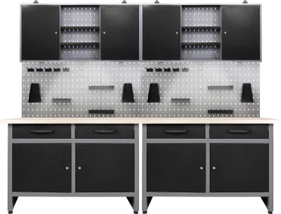 Produktbild von Ondis24 Metall Werkstatt Set 240 cm "Werner" 2x Werkbank  +  2x Schrank Arbeitshöhe 85 cm abschließbar höhenverstellbare Füße Arbeitsplatte Holz Werkstatteinrichtung Packtisch Werktisch Werkstatttisch Montagewerkbank Hängeschrank Werkzeugschrank Werkstattschrank Werkzeugwand Werkstattwand Werkzeughalter Lochblech Lochwand