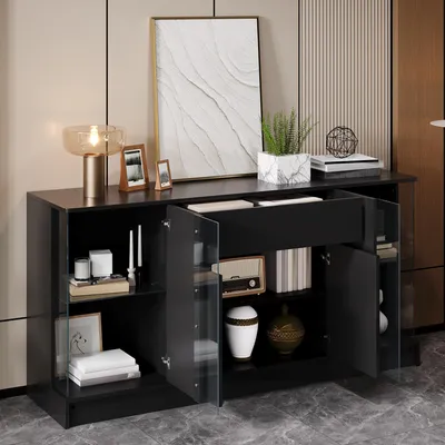 Obrázek produktu pro Komoda MODFU, černá, 150x40x75 cm, s vysokým leskem, s LED osvětlením a 2 skleněnými vitrínami, úložná komoda s dvířky a zásuvkou, vhodná do obývacího pokoje
