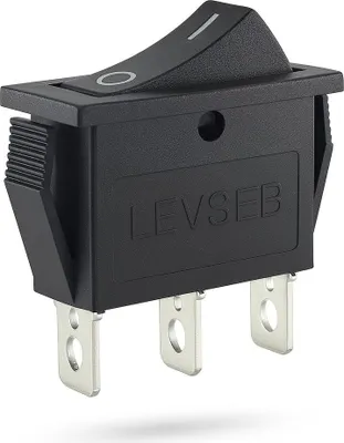 A product shot of a black 3-pin rocker switch with silver terminals.