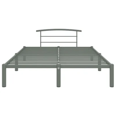 A gray metal bed frame with a headboard, shown from the front.