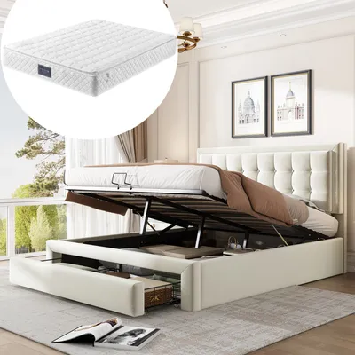 Produktbild von Polsterbett mit Taschenfederkernmatratze, 140x200 cm, Doppelbett, Bezug aus Samt, 25 cm hoch, 7 Zonen, H3, 620 Federn