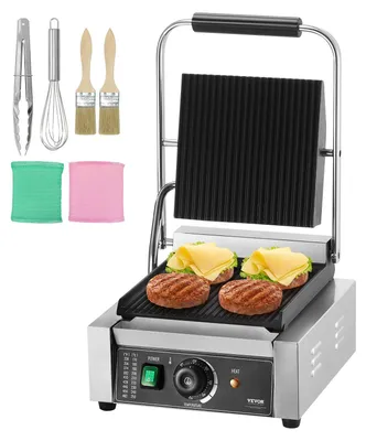 Image de Grill à panini commercial VEVOR, appareil à sandwichs et paninis électrique 1,8 kW, presse-sandwichs en acier inoxydable, grill à panini avec réglage de la température et plaque émaillée entièrement rainurée de 23 x 23 cm