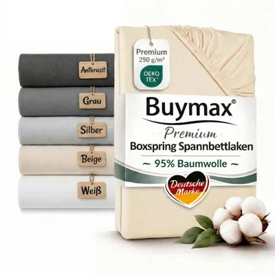Produktbild von Buymax Premium Boxspringbett Spannbettlaken 90x200 bis 100x220 cm Beige– Jersey 250 g/m² – 95% Baumwolle 5% Elasthan – bis 35 cm Matratzenhöhe