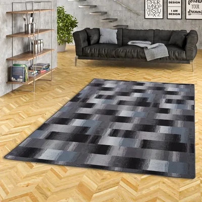 Produktbild von Designer Velour Teppich Mystic Karo Blau Grau, Größe:80x240 cm
