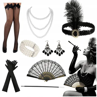 Produktbild von 20er Jahre Kostüm Zubehör Set Flapper - Einheitsgröße - Schwarz - Great Gatsby Motto Party