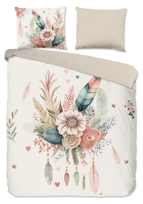 Imagen del producto de Juego de sábanas "Flores y plumas" - Color crema - (240x200/220 cm) - Algodón