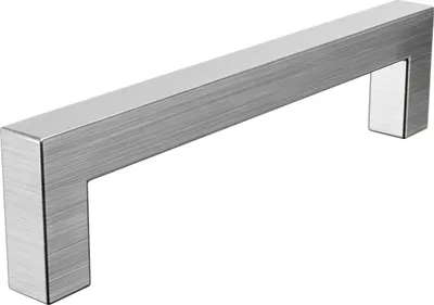 A single brushed stainless steel cabinet pull handle, photographed diagonally against a white background.
