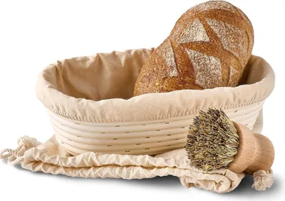 Produktbild von Gärkorb zum Brotbacken - Aus nachhaltigem Rattan - Oval - 28cm - Set inkl. Bürste, Leineneinlage & Brotbeutel - Geruchsneutral