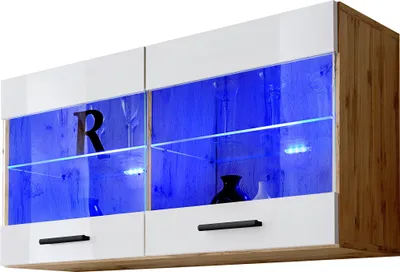 Produktbild von Komodee | Vitrine Schrank mit 2 Türen Savona, Korpus Wotan Matt Frontfarbe Weiß Hochglanz
