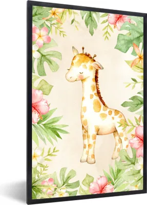 Produktbild von MuchoWow® MuchoWow® Gerahmtes Poster Giraffe - Aquarell - Blumen 40x60 cm - Poster mit zchwarzem Bilderrahmen - Papierdruck - Wandbilder