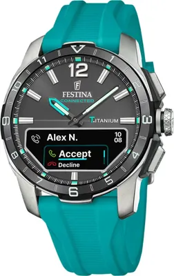 A close-up studio shot of a smart watch with a teal band.