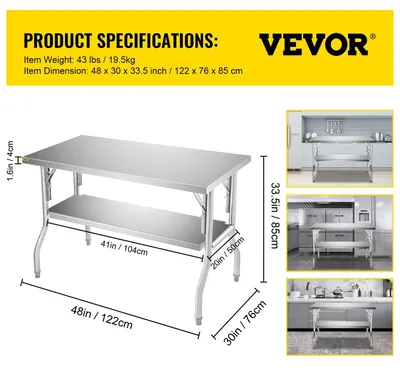 Image de Table de travail professionnelle en acier inoxydable avec étagères réglables, idéale pour les restaurants et les cuisines