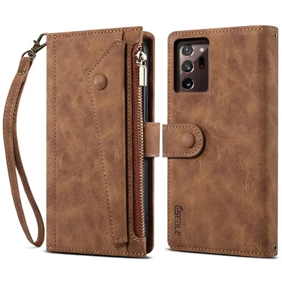 Obrázek produktu pro Ochranné pouzdro pro Samsung Galaxy Note 20 Ultra/Note 20 Ultra 5G, kožené pouzdro na zip, skládací peněženka s přihrádkou na karty, stojánek a poutko Hnědý