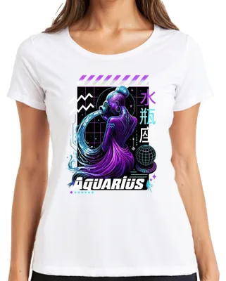 Productafbeelding van Aquarius (Waterman), sterrenbeeld, cyberpunk, anime, Japan, Y2K, dames T-shirt, wit, maat L