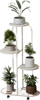 Imagen del producto de Soporte para plantas metálico blanco con ruedas – Estante para plantas de 4 niveles con ruedas y frenos – Ideal para balcones y jardines