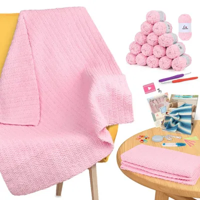Productafbeelding van Haakset deken van chenillewol, roze, voor beginners, met instructies en accessoires