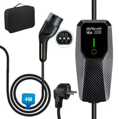 Zdjęcie produktu dla Stacja ładująca Mode-2 z wtyczką Schuko, wzór karbonowy, kabel 4 m, 8–16 A, jednofazowa, z regulacją, przenośna ładowarka do samochodów elektrycznych, czarna