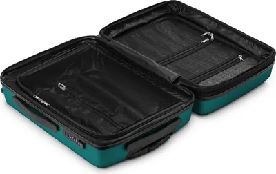An open suitcase with a turquoise exterior and black interior, showing the compartments and zippers.