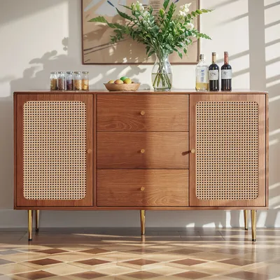 Image de Commode Tablette réglable Sideboard avec 3 tiroirs et 2 portes Rotin Armoires de salon Bois massif, pour salle à manger Salon Chambre à coucher