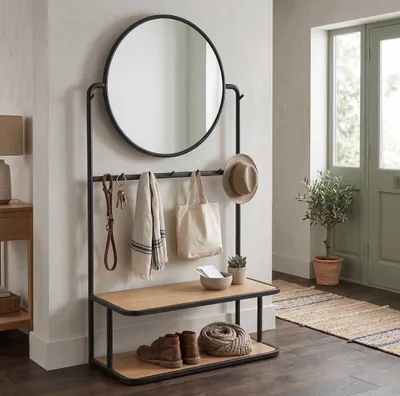 Produktbild von Modern Wandgarderobe Spiegel Schuhbank Schwarz Holz Metall Design