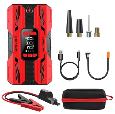 Obrázok produktu pre Zariadenie na štartovanie vozidiel – 6 v 1: štartovací booster, 8000 mAh, 190 PSI, kompresor, LED svetlo, powerbanka s USB, červená farba