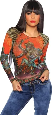 Produktbild von Elastisches Netz-Shirt 13351 Langarmshirt mit Allover Print und Rundhalsausschnitt, rot, Gr. XS/S