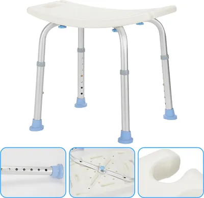 A white shower stool with adjustable silver legs and blue feet, shown against a white background. Insets show close-ups of the leg adjustment mechanism, the underside of the seat, and the curved shape of the seat.
