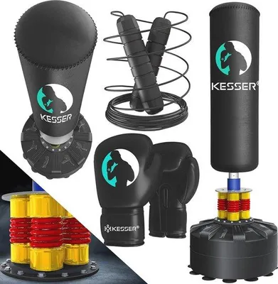 Productafbeelding van Bokszakset voor volwassenen met bokshandschoenen en springtouw - Vrijstaande bokszak voor MMA en fitness