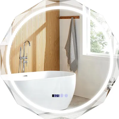 Produktbild von GOPLUS 76cm Badezimmerspiegel, Wandspiegel mit dimmbarer 3-Farbiger Beleuchtung, Zeit-/Temperaturanzeige, Antibeschlag- & Speicherfunktion, Rund