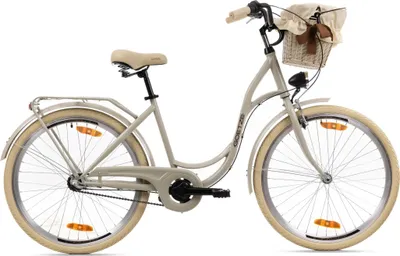 Zdjęcie produktu dla 26-calowy rower miejski Goetze Style, 17-calowa rama typu step-through, 3-biegowy Shimano Nexus, hamulec typu V-brake, oświetlenie LED, wygodne siodełko, koszyk rattanowy
