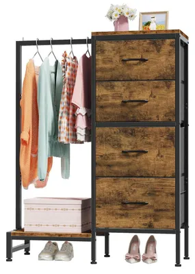 Obrázok produktu pre Komoda so 4 zásuvkami na látkové predmety a s vešiakom, rustikálny vzhľad, drevo, rozmer 76,5 x 30 x 111 cm