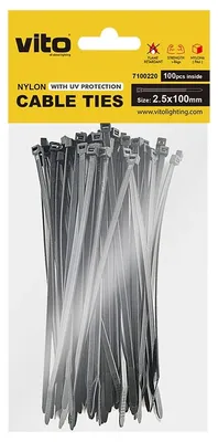 Productafbeelding van VITO Kabelbinders 2.5x100mm - Zwart - Met UV-bescherming - Kunststof Kabelklemmen - 100 stuks in blister verpakking - Voor buitengebruik