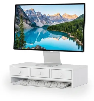 Produktbild von Relaxdays Monitorständer, 3 Schubladen, HxBxT: 12,5 x 51 x 24 cm, MDF, Monitorerhöhung Schreibtisch, PC Ständer, weiß