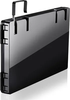 A black, foldable makeup mirror with hanging hooks is shown against a white background.