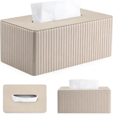 Zdjęcie produktu dla Skórzane, prostokątne pudełko na chusteczki – beżowe – idealne do salonu, łazienki i biura – elegancka dekoracja (25 x 14 x 9 cm)